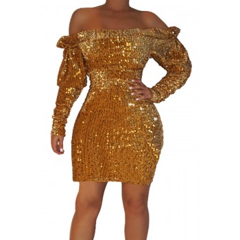 Gold Sequin Off Shoulder Club Dress Blue